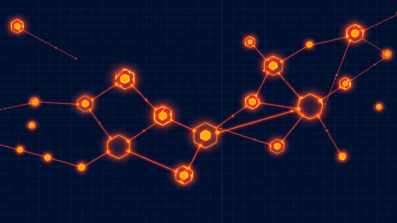 Connected hexagonal agent nodes forming a source-to-contract pipeline over a blueprint grid