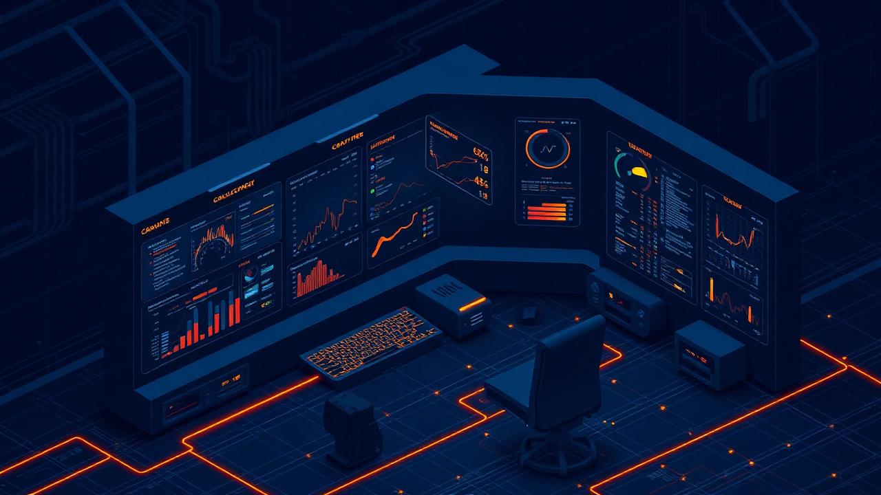 Isometric project controls dashboard with glowing data flows representing automated EPC project operations