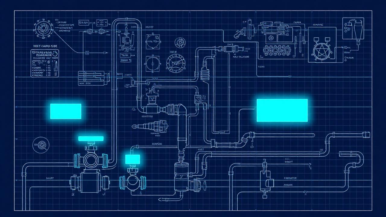 P&ID engineering drawing with automated symbol-detection highlights over valves and pipe runs